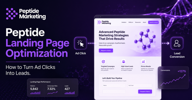 Peptide landing page optimization graphic showing an ad click moving through a branded peptide website landing page toward lead conversion, with performance and conversion analytics.