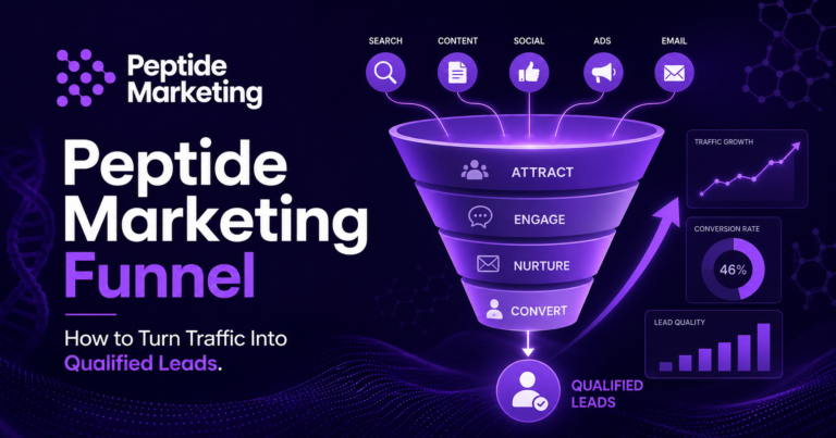 Peptide-Marketing featured image showing a peptide marketing funnel with SEO, content, social media, ads and email flowing into qualified leads through stages of attract, engage, nurture and convert.