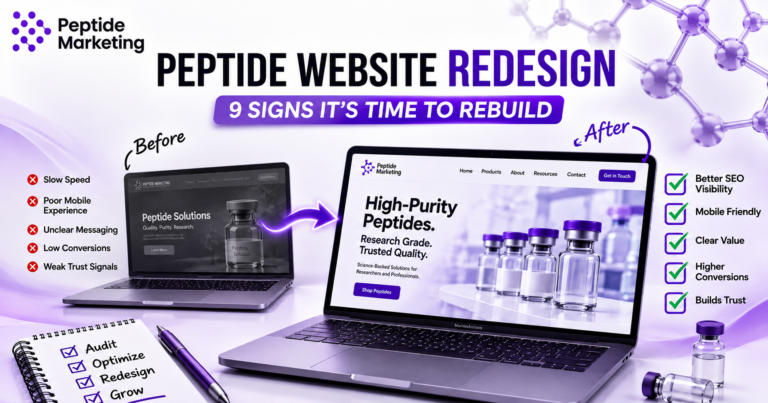 Peptide-Marketing featured image showing a before and after peptide website redesign with improvements in SEO, mobile usability, speed, trust and conversions.